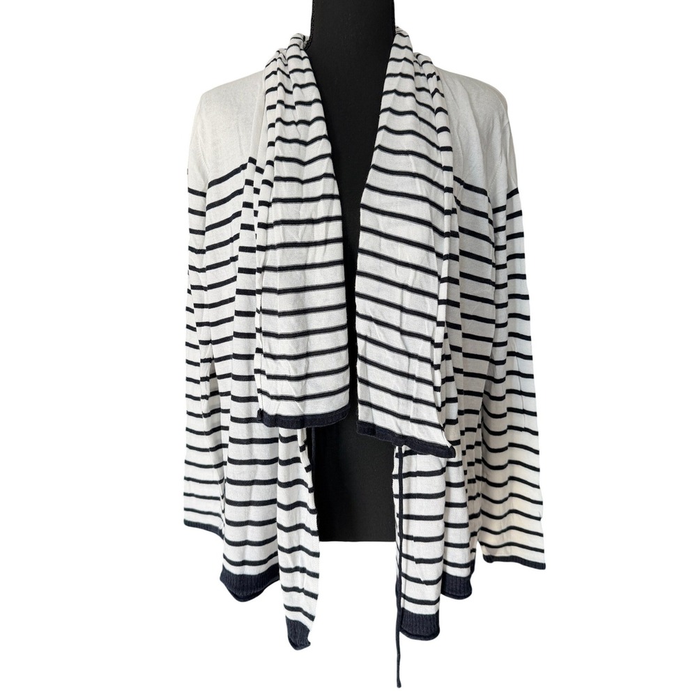 Saks Fifth Avenue Striped Open Front Cardigan White Navy Blue Womens L Nautical